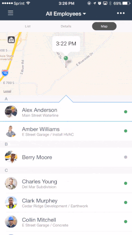 gif showing list of employees on busybusy's gps location app 