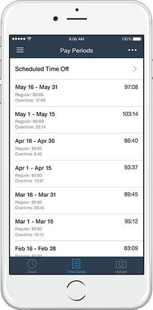screenshot of cloud-based employee time cards on busybusy app