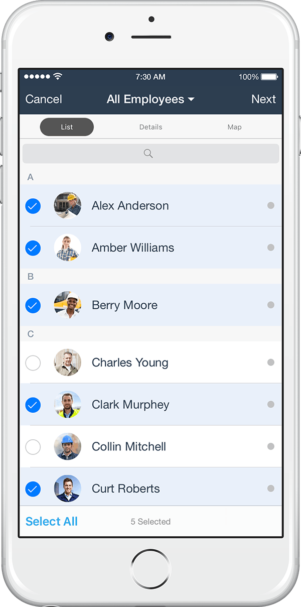 mobile employee contact list available on busybusy app