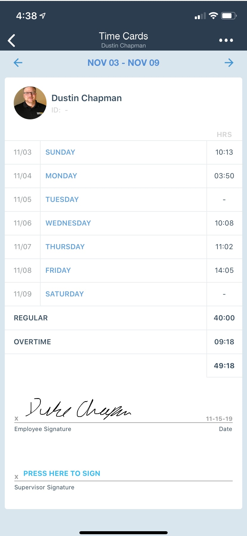 sign timecards on phone