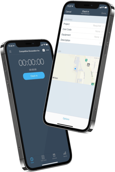 construction mobile time clock app, 2 phones