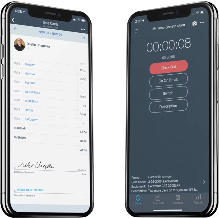 two phones, time card signature and clock in and out