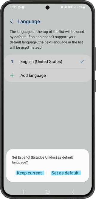 how to change the language setting on android, keep current 