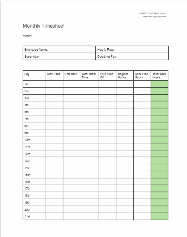 Printable Timesheet Templates | Free Timesheet Templates