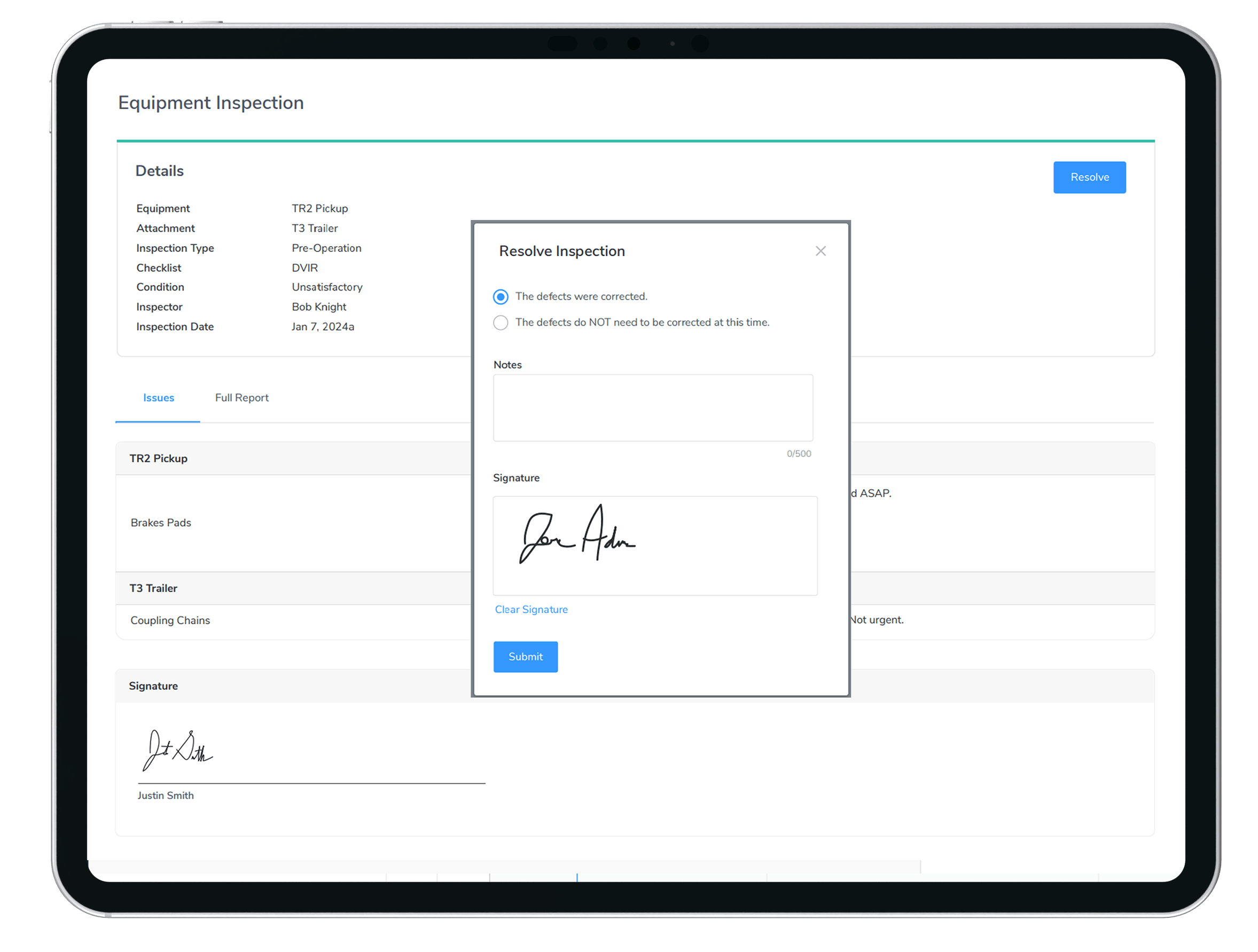 Tablet mobile inspections signature